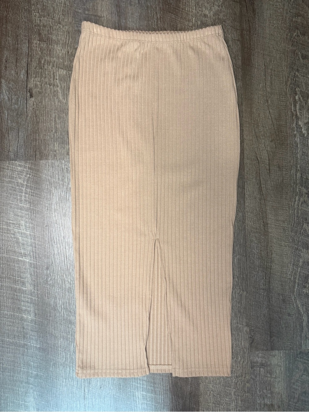 Ribbed Pencil Midi Skirt in Neutral Beige